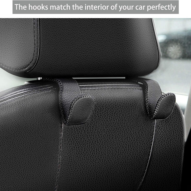 Headrest Hooks for Car, Back Seat Organizer Black Leather Hanger Holder Hook, for Hanging Purses and Bags and Coats, Pack of 2