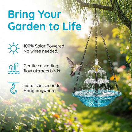 Solar Powered Hanging Bird Bath Fountain, Hanging Bird Bath Fountains Solar Power Outdoor Solar Powered Bird Bath for Deck Patio Yard Lawn, Attracts Hummingbirds,Blue