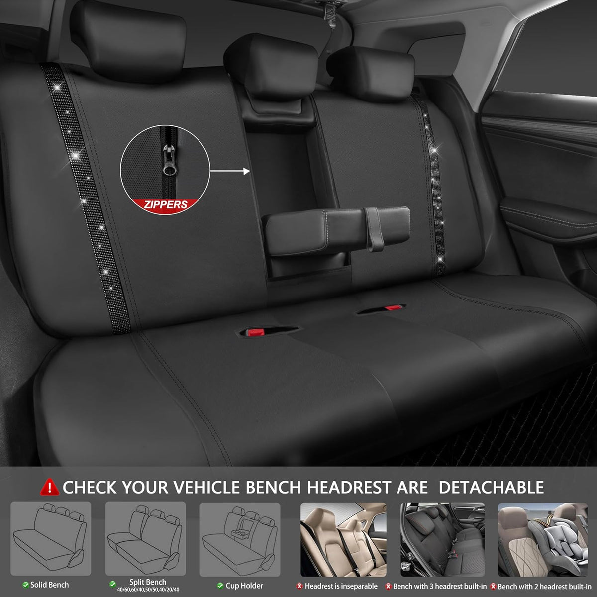 Leather Bling Diamond Car Seat Covers Full Set - Black Universal Fit - photo 4