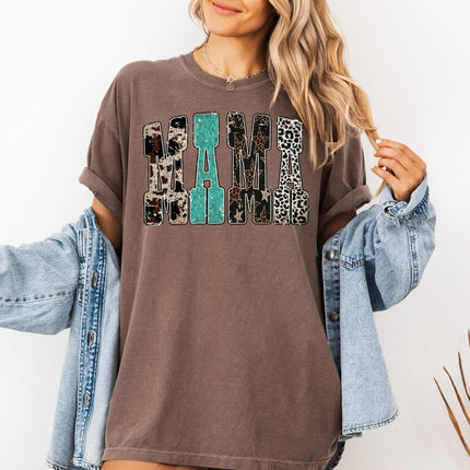 Comfort Colors Mama Western Cow Print Leopard Star T-Shirt Mother’s Day Graphic Tee Rustic Country Shirt