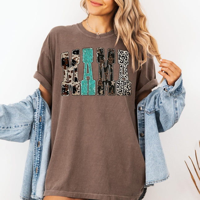 Mama Western Cow Print Leopard Star T-Shirt Mother's Day