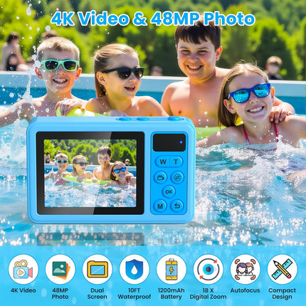 4K Underwater Digital Camera,10FT Floating Camera,48MP Waterproof Camera for Snorkeling,Surfing,Swimming and Kayaking,Dual-Screen Selfie,Autofocus,18X Zoom,Fill Light,32GB Card,Type-C Rechargeable