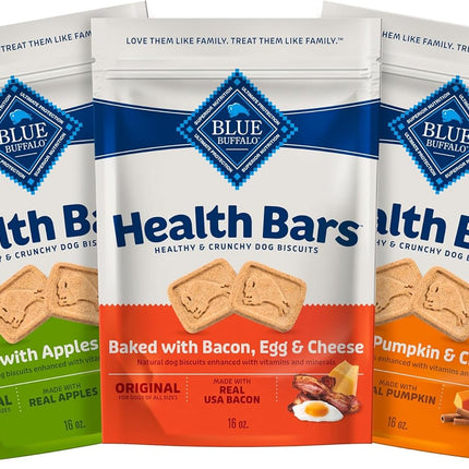 Blue Buffalo Health Bars Crunchy Dog Biscuits, Variety Pack, Bacon, Egg & Cheese, Apple & Yogurt, Pumpkin & Cinnamon, 16-oz Bags