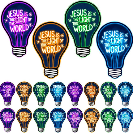 Sabary 16 Pcs VBS 2026 Light Bulb Cutouts Illumination Decorations 7.8x12.2 Inch Christian Jesus Neon Light Bulb Paper Cutout Set for VBS Church Decorations Bulletin Board Craft Classroom Wall Decor