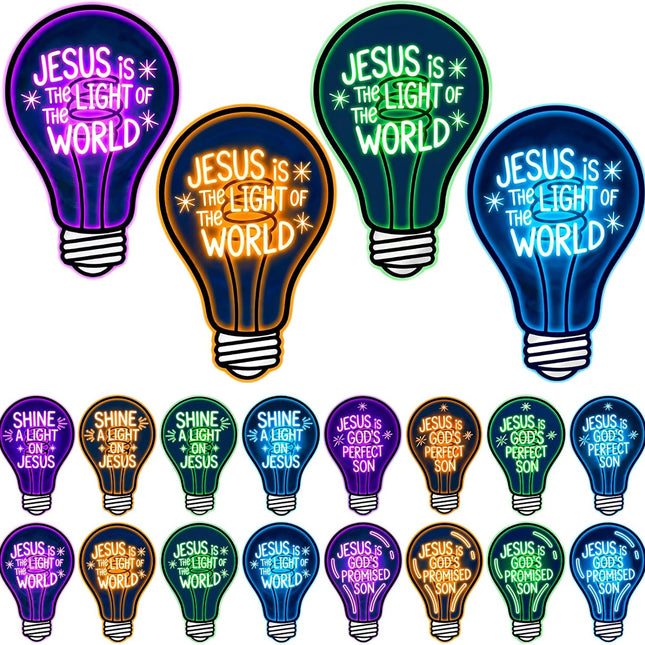 16 Pcs VBS 2026 Light Bulb Cutouts Illumination Decorations 7.8x12.2 Inch Christian Jesus Neon Light Bulb Paper Cutout