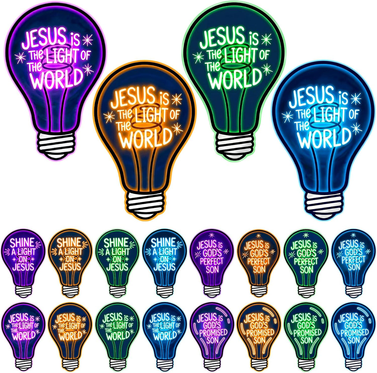 16 Pcs VBS 2026 Light Bulb Cutouts Illumination Decorations 7.8x12.2 Inch Christian Jesus Neon Light Bulb Paper Cutout
