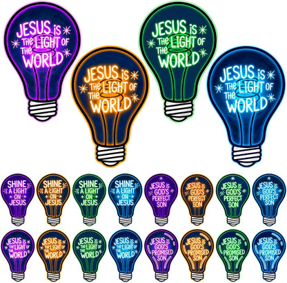 16 Pcs VBS 2026 Light Bulb Cutouts Illumination Decorations 7.8x12.2 Inch Christian Jesus Neon Light Bulb Paper Cutout