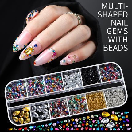 Nail Charms Nail Gems with 15 Sheets Gold Nail Stickers, 6 Boxes of Rhinestones for Nails Art Tools, 3D Nail Decals Pearls for Nails