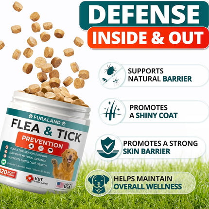 Flea and Tick Prevention for Dogs Chewables - Natural Dog Flea and Tick Treatment - Oral Control Pills - Vet Recommended Supplement - Skin & Coat Support Soft Chews - All Breeds & Sizes - Made in USA