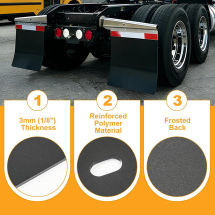 24"x24" Black Polymer Mud Flaps with 24"x3" Reflective Tape, Universal Fit for Semi Trucks, Trailers & Heavy Duty Vehicles, All-Weather Protection, 2 Pack