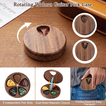 Walnut Wood Guitar Pick Holder with 26 Guitar Picks & Greeting Card