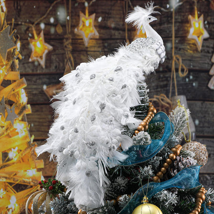 15 Inch Christmas Peacock Tree Topper, Glitter Peacock Feather Ornaments