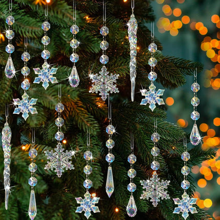 Crystal Christmas Tree Ornaments, Clear Acrylic Snowflake & Icicle, 18pcs