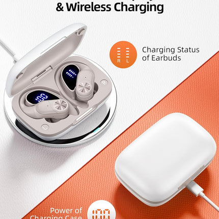 PocBuds Bluetooth Headphones Wireless Earbuds 80hrs Playtime Wireless Charging Case Digital Display Sport Ear Buds with Earhook Deep Bass IPX7 Waterproof Over-Ear Earphones for Phone Laptop Beige