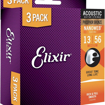 Elixir Strings, Acoustic Guitar Strings, Phosphor Bronze with NANOWEB Coating, Longest-Lasting Rich and Full Tone with Comfortable Feel, 6 String Set, 3 Pack, Medium 13-56