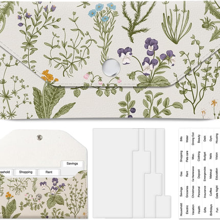 PU Leather Cash Envelopes Wallet, Reusable Money Savin Wallet, Cute Budget Envelope with 4 Dividers & 1 Sheets Budget Labels Vintage Wildflowers