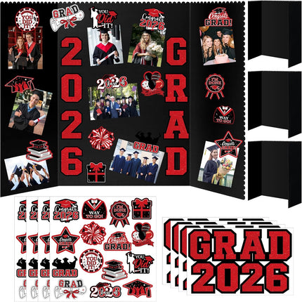 4 Set Graduation Photo Display Board, Class of 2026 Black Red Trifold Poster Board with Grad Pattern Stickers, Graduation Photo Props Collage for Multiple Pictures Party Decorations, 16x24 Inch