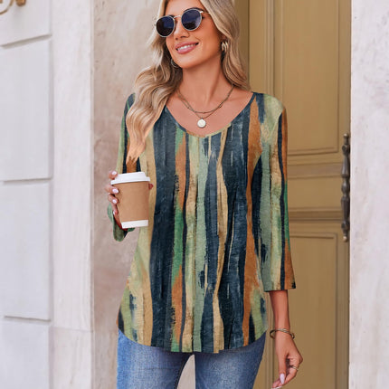 3/4 Length Sleeve Womens Tops V Neck Blouses Pleated Casual Shirts