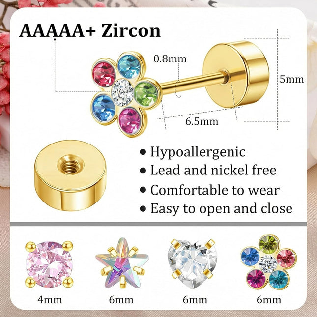 4-Pair Gold 316L Surgical Steel CZ Flat Back Stud Earrings Set