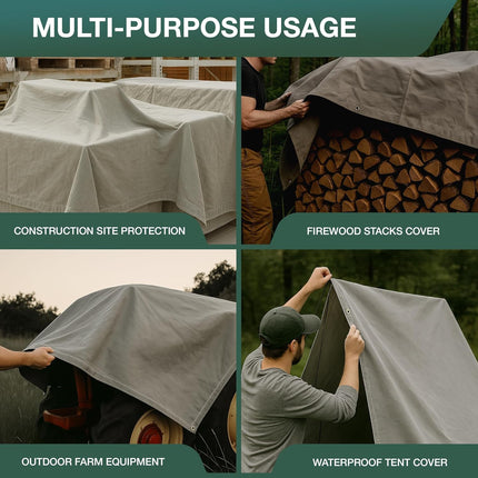 CCS Waterproof Canvas Tarp Cover – Heavy Duty Duck Cloth, Waxed Canvas Tarpaulin with Rustproof Brass Grommets for Camping, Construction, Equipment & Outdoor Use (Grey, 6x8 Ft)