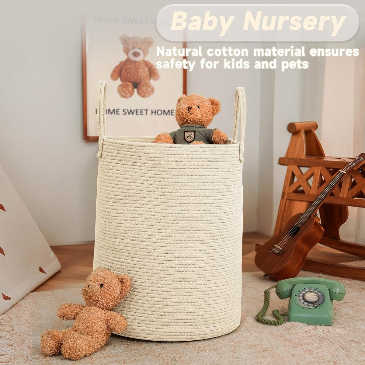 Large Woven Laundry Basket Hamper,60L Cotton Rope Storage Bin for Blankets,Toys and Clothes,Decorative - photo 2