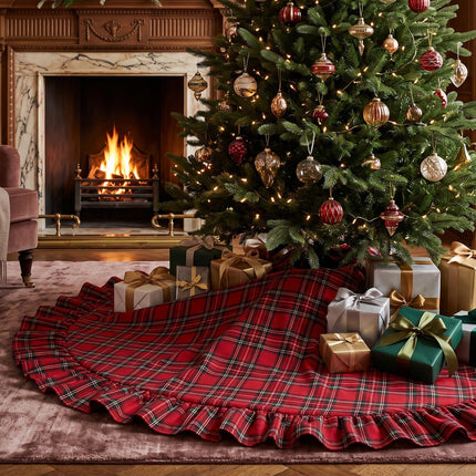Falda de árbol de Navidad de tartán rojo con borde de volantes y lazo, 36 Inch