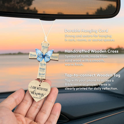 Cross for Car Mirror Hanging, Rear View Mirror Accessories - Scan Phone for Daily Bible Verse, Christian Car Accessories Charm, Jesus, Easter, Religious, Christian Gifts for Men, Women