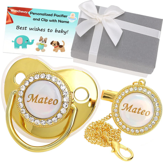 Personalized Pacifier with Name, Bling Gold Pacifier Clip Set with Gift Box Greeting Card, Glitter Crystal Luxurious