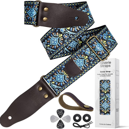 Jacquard Embroidered Guitar Strap, Genuine Cowhide Leather Ends, Adjustable for Bass Electric Acoustic
