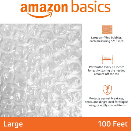 Amazon Basics Bubble Cushioning Wrap for Moving, Packing, Shipping and Storage, Heavy Duty Protection for Fragile Items, 12-inch x 100-foot Long Roll, Large 5/16", Clear