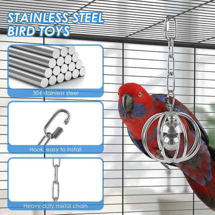 Heavy-Duty Stainless Steel Bird Toy for Parrots, Durable Hollow Foraging Ball with Detachable Chain, Chew-Proof Parakeet Training Toys for Macaws, Amazons, Eclectus, African Greys, Cockatoos