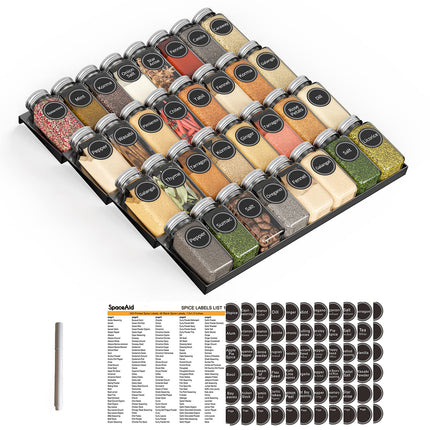Spice Drawer Organizer with 28 Spice Jars, 386 Spice Labels, 4 Tier Seasoning Rack Tray Insert for Kitchen Drawers, 13" Wide x 17.5" Deep