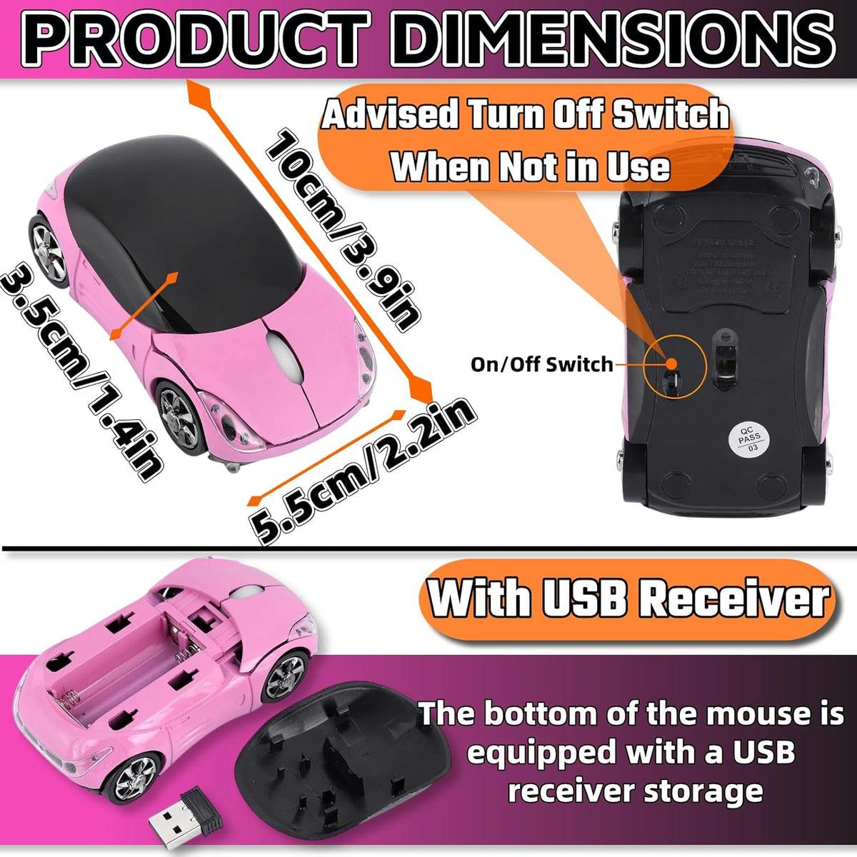 Pink 2.4G Wireless Car Mouse with USB Receiver - photo 3
