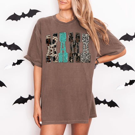 Comfort Colors Mama Western Cow Print Leopard Star T-Shirt Mother’s Day Graphic Tee Rustic Country Shirt