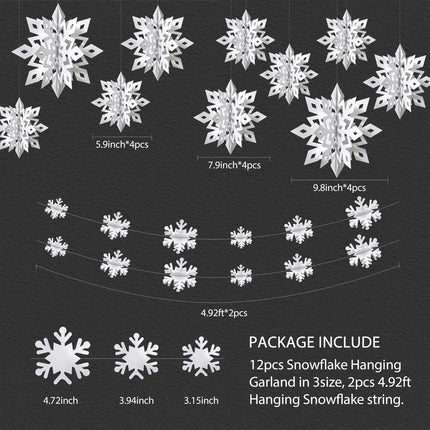 Snowflake Decorations, Paper Christmas Hanging Decor Indoor, White, 14-Pc