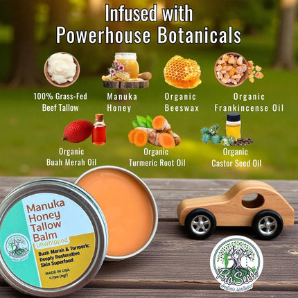 ProSeed Manuka Honey Unwhipped Tallow Balm – Handmade Grass-Fed Beef Moisturizer with Frankincense, Vitamin E, Castor, Buah Merah & Turmeric – Face & Body Cream for Men, Women & Kids – Travel Size