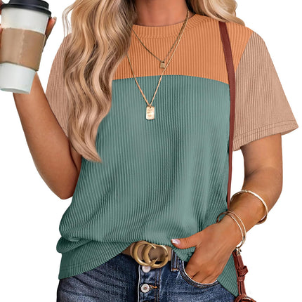 Womens Fashion 2026 Color Block Shirts Short Sleeve Knitted Summer Fall Tops Casual Trendy