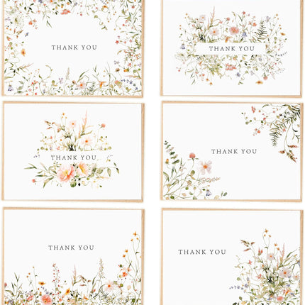 52-pack Floral Thank You Cards Bulk with Kraft Envelopes & Matching Stickers, 3.5x5 Inches, 6 Wildflower Designs | Perfect for Weddings, Baby & Bridal Showers, Graduations & Birthday