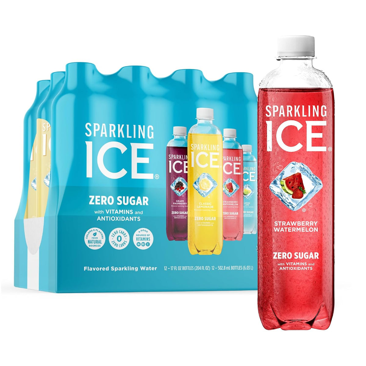 Blue Variety Pack, Zero Sugar Sparkling Water, with Vitamins and Antioxidants, 17 fl oz, 12 count (Classic Lemonade