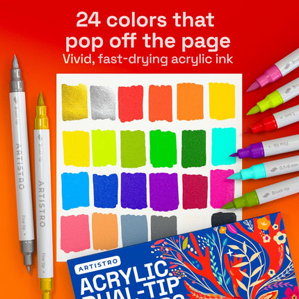 ARTISTRO 24 Acrylic Paint Markers - Paint Pens for Drawing, Brush + Fine Tips - For Fabric, Rock, Glass, Wood, DIY - Art & Craft Supplies for Adults, Teens, Kids - Teacher Appreciation Gift