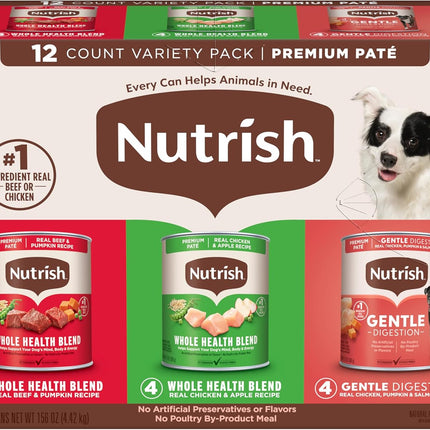 Nutrish Gentle Digestion and Whole Health Blend Premium Paté Variety Pack Wet Dog Food, 13 oz. Can, Pack of 12, Packaging May Vary (Rachael Ray)
