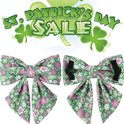 St. Patrick's Day Dog Collar with Bow Tie, Lucky Shamrock Bowtie Collar Adjustable for Girl Boy Dog, Trefoil Dog Collar Durable, Spring Green Collar for Dogs, M