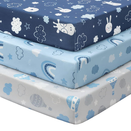 Baby Mini Crib Sheets Boy, Portable 38”x26” Pack and Play Sheets Fitted for Playard and Pack N Play Mattress, 3-Pack Soft Microfiber Blue Cloud Animals
