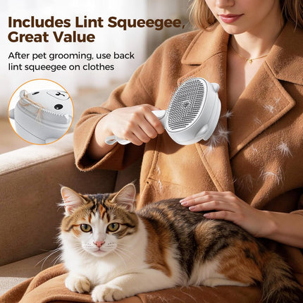 Self Cleaning Shedding Steam Cat Brush, Silicone Scraper Included Dog Brush, Adorable Bear Design, primecat, Cat Brushes for Shedding, USB Rechargeable, for Grooming & Haired Pets, Dogs & Cats, White