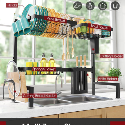 Over The Sink Dish Drying Rack - Adjustable 2 Tier Large Capacity Stainless Steel Drainer with Cutlery & Utensil Holders, Kitchen Storage & Organization, 30"-33.9" L x 11" W x 21.5" H, Black