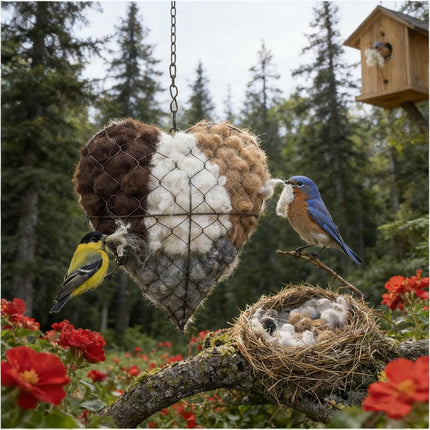 Handmade Fiber Bird Nesting Heart, Refillable Birds Haven 1 Heart Shape Hummingbird Nesting and 2 Bags of Nest Materials, Winter Fowl Gifts Animal Hummingbirds Lovers Home Garden Yard