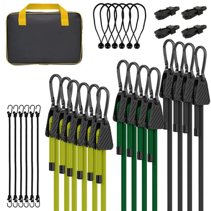 Adjustable Bungee Cords with Hooks, 6 Pack Heavy Duty Outdoor Carabiner Bungee Cord, Black Super Elastic Bungee Straps Easily Adjust from 7" to 48", Great for Cargo, Camping, Bike Racks, Tents