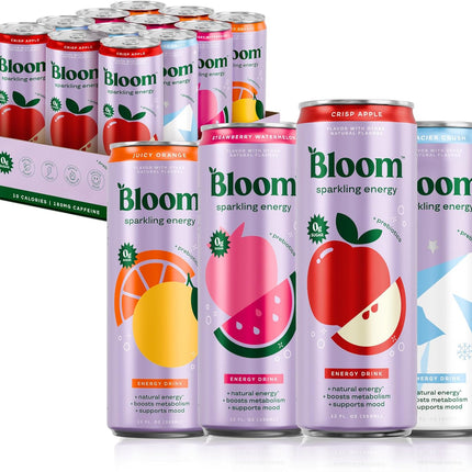 Bloom Nutrition Sparkling Energy Drink - Apple Crisp / Glacier Crush Variety Pack - Natural Caffeine, Zero Sugar, 180mg Caffeine - Antioxidant-Rich with Green Coffee Bean, Green Tea Extract, Prebiotics - 12oz 12 Pack