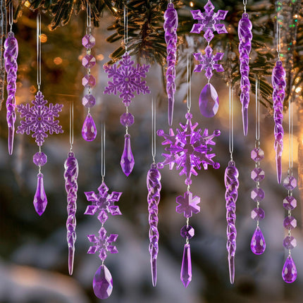 Crystal Christmas Tree Ornaments, Clear Acrylic Snowflake & Icicle, 18pcs