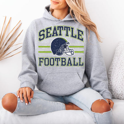 Distressed Seattle Football Hoodie– Retro Collegiate Style Vintage Helmet Pullover for Women